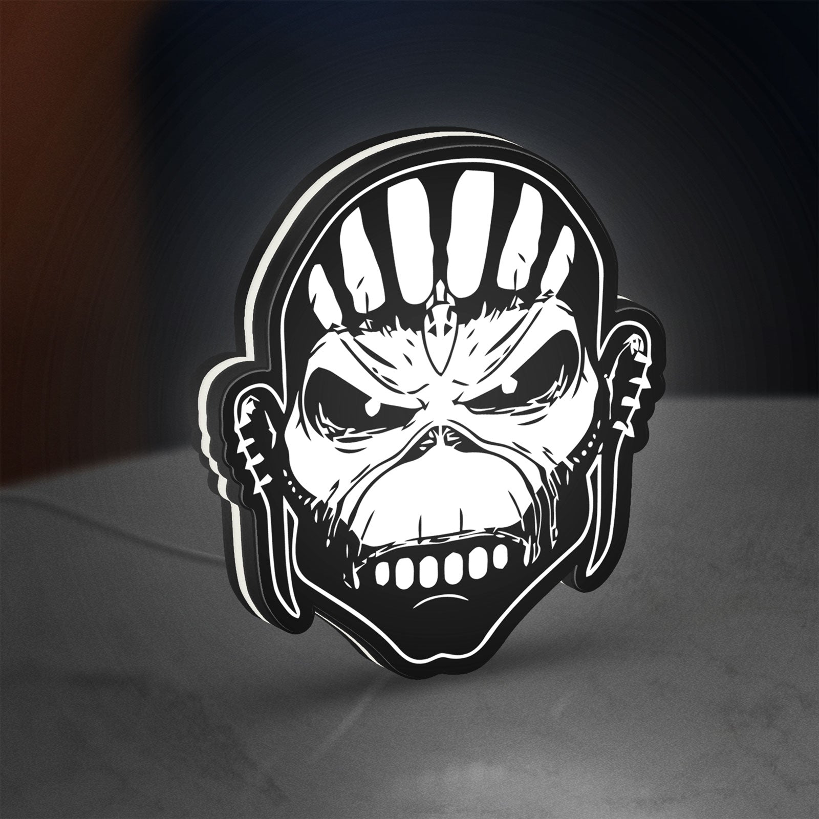 Iron Maiden The Book Of Souls LED lightbox standing on a desk from an angled side view with white glow