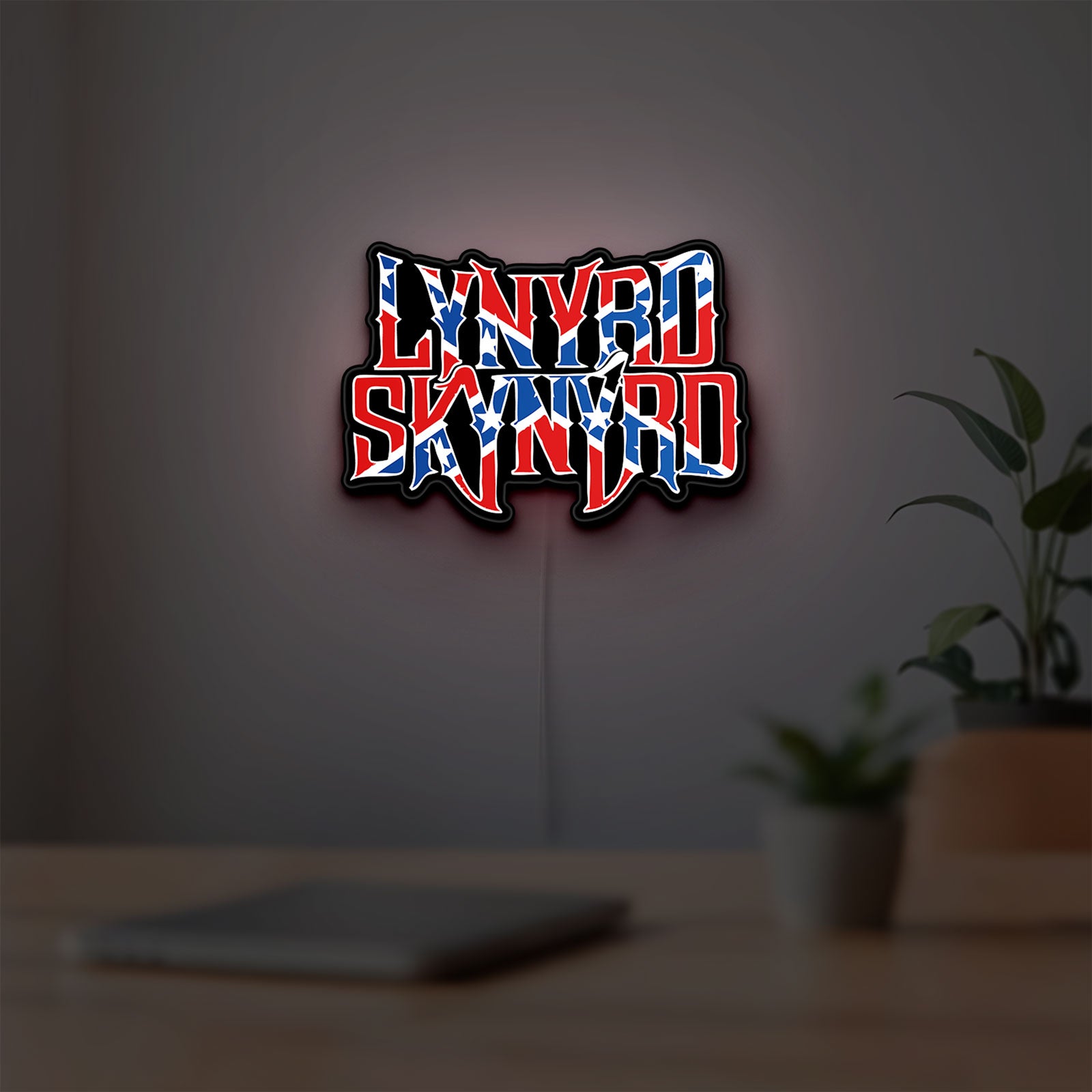 Lynyrd Skynyrd LED lightbox hanging on a room wall with soft red light