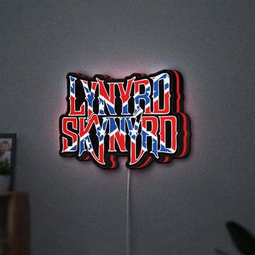 Lynyrd Skynyrd LED lightbox hanging on a wall with red glow