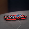 Lynyrd Skynyrd LED lightbox lying flat on a desk with red glow