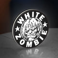 White Zombie Band LED lightbox standing on a desk from an angled side view with white glow