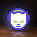 Front view of Napster LED lightbox sign glowing on a wooden desk