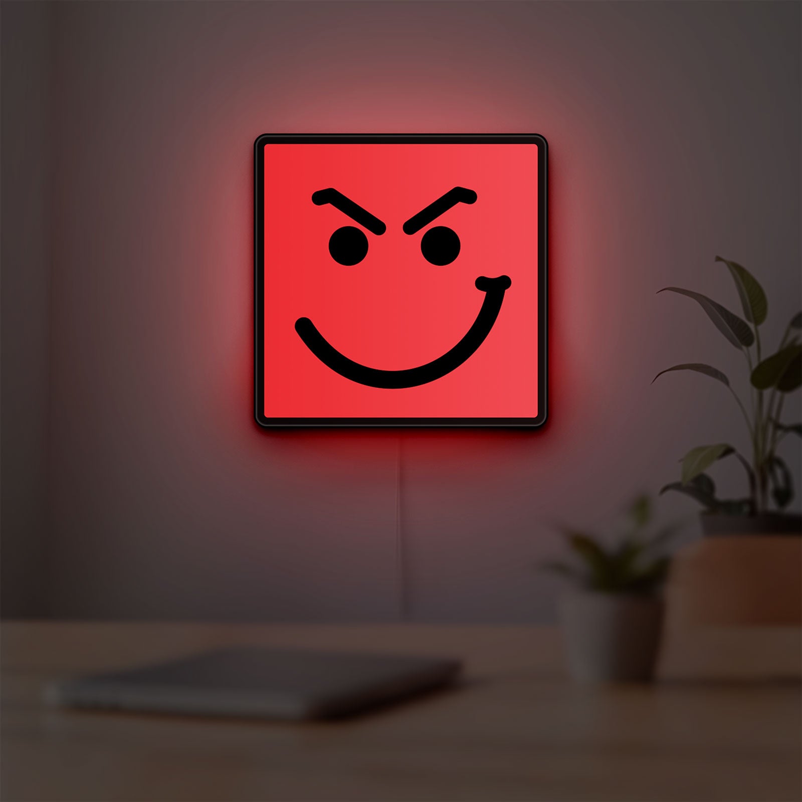 Have A Nice Day LED lightbox hanging on a room wall with soft red light
