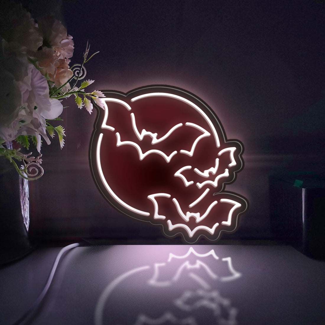 Moon And Bat Led Light Box, Flying Bat Wall Art Decor, Personalized Light Sign, Neon-like Desktop Decorations, Bedroom Decor, Gift For Kids