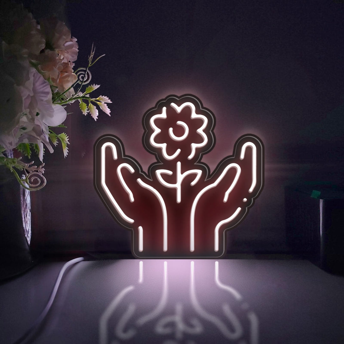 Hand Holding Flower Led Light Box, Protect The Ecological Environment Wall Art Decor, Light Sign, Desktop Decoration, Gift For Nature Lovers