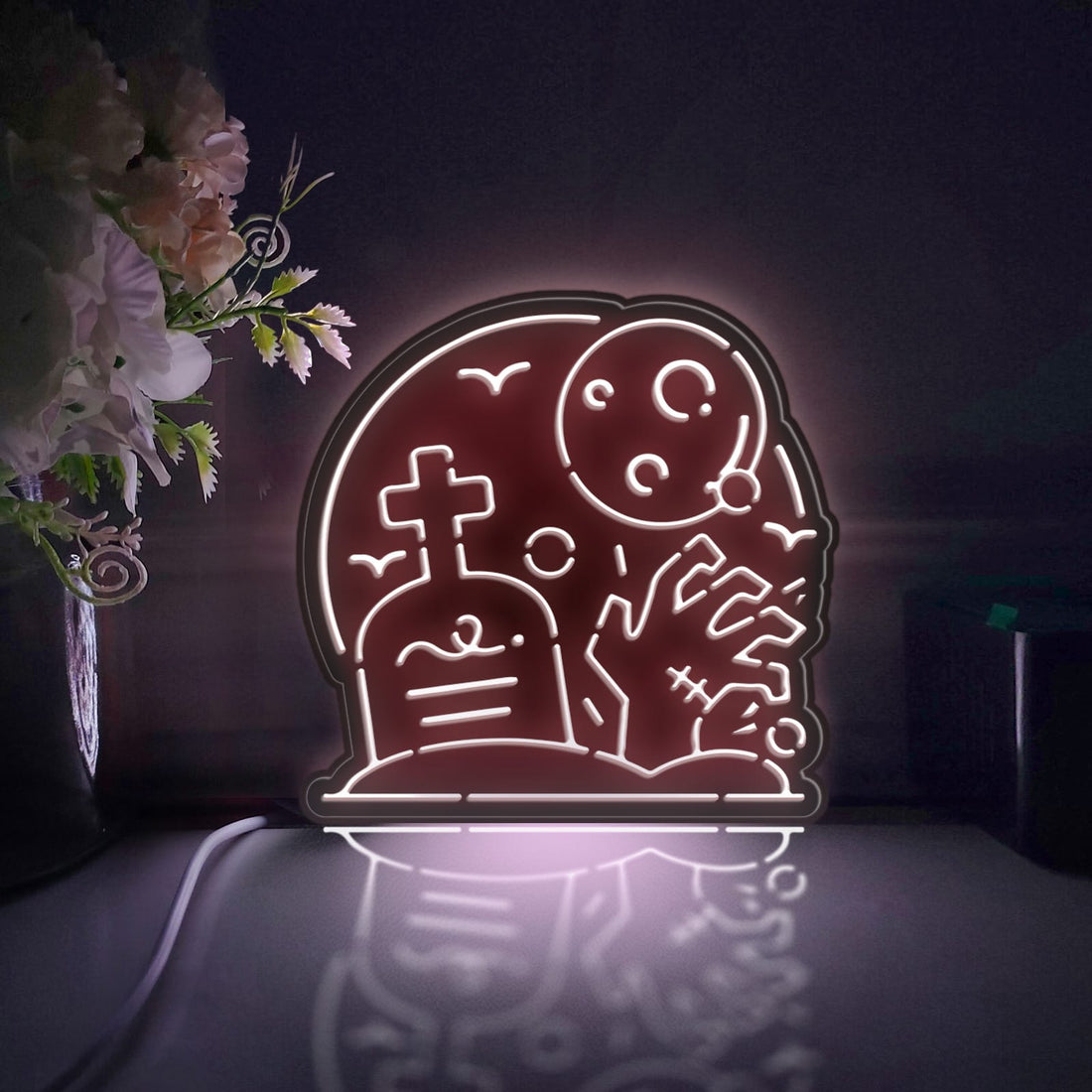 Graveyard And Hand Led Light Box, Moon Wall Art Decor, Light Sign, Desktop Decorations, Gift For Horror Fans, Spooky Decor Lovers