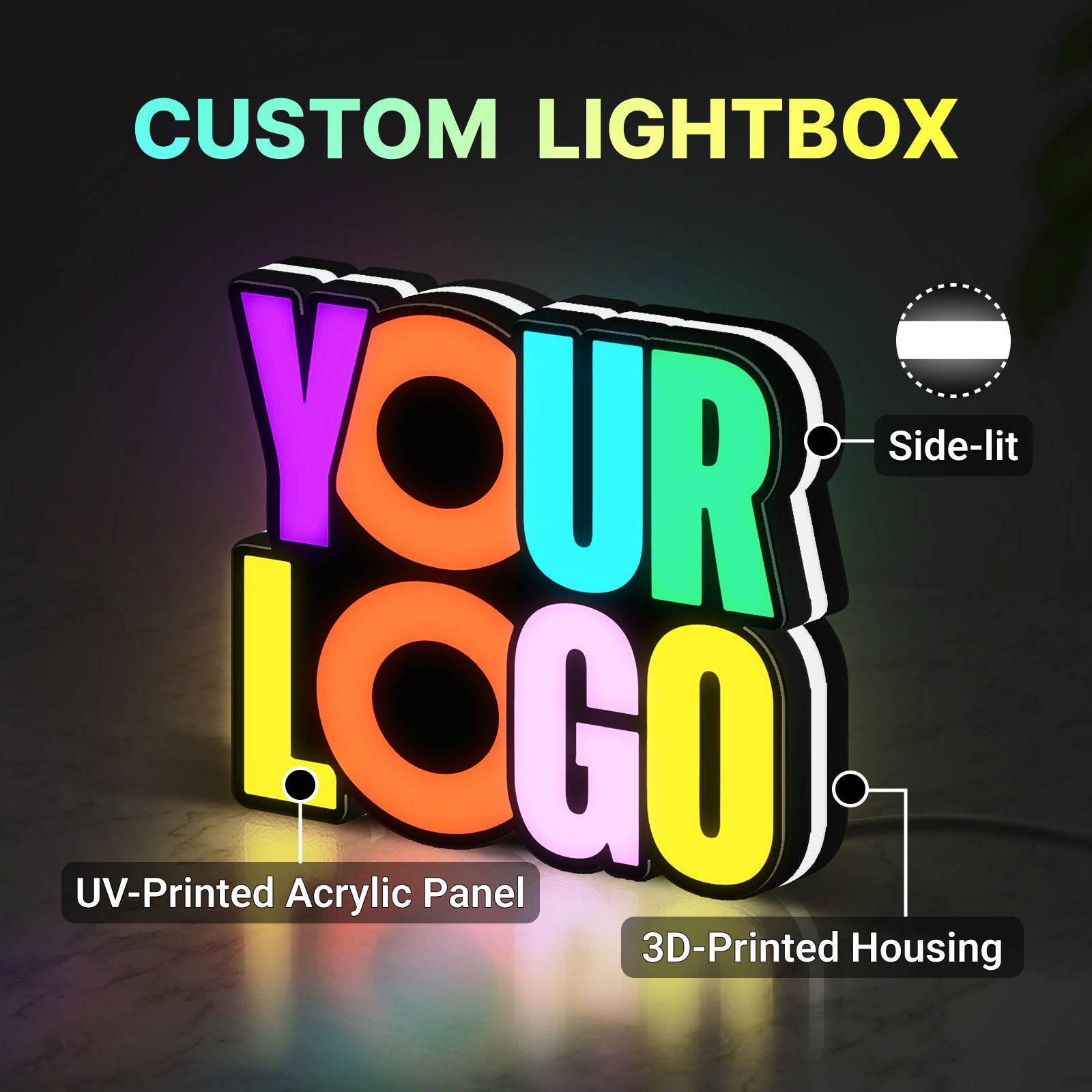 Custom LED lightbox with UV-printed acrylic panel, side-lit edge, and 3D-printed housing