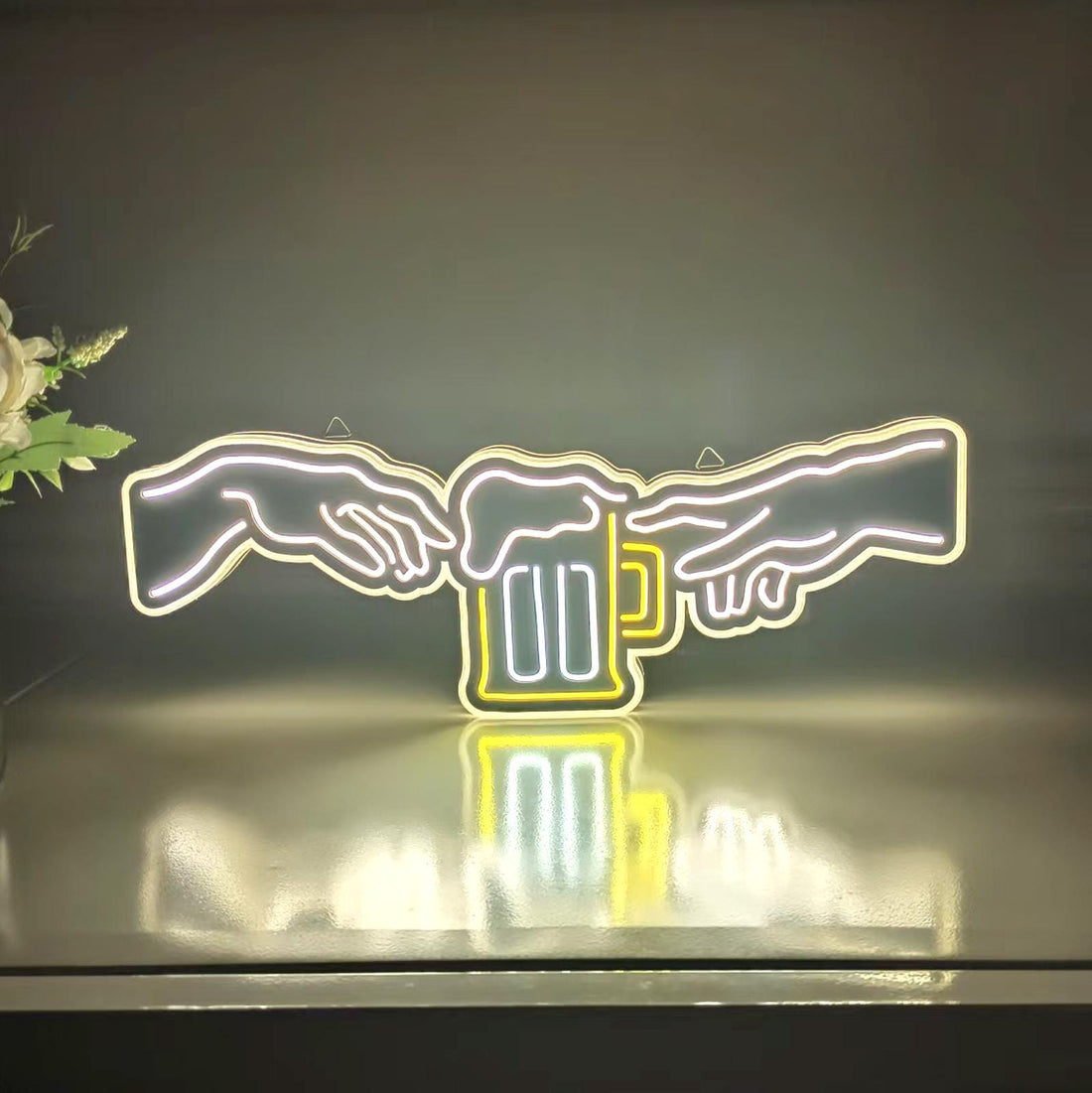 Hand of God Led Beer Mug Sign, Beer Mug Wall Art Neon, Home Bar Neon Sign, Led Light Box, Desktop Decoration, Wall Hangings, Man Cave Light