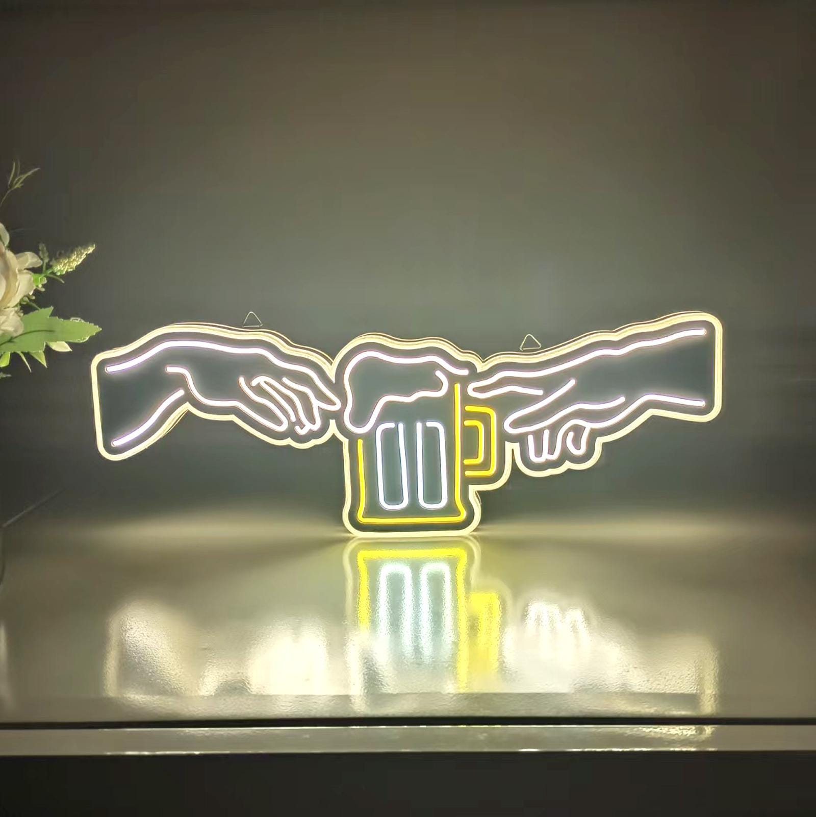 Hand of God Led Beer Mug Sign, Beer Mug Wall Art Neon, Home Bar Neon Sign, Led Light Box, Desktop Decoration, Wall Hangings, Man Cave Light