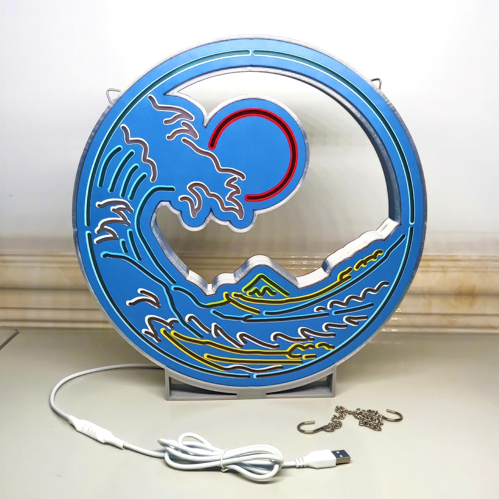 The Great Wave Of Kanagawa Led Neon-Like Wall Art , Great Wave Led Wall Decor, Kanagawa Oki Nami Ura Led Lightbox, Wall Hangings, Home Decor