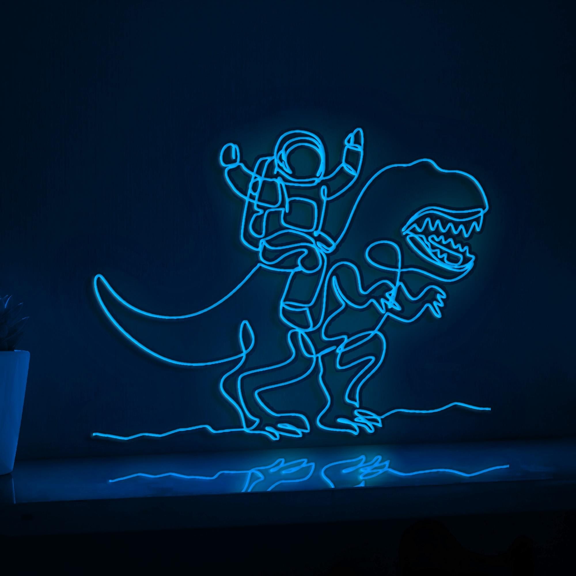 Cosmonaut Riding T-Rex Prehistoric Fantasy EL Wire Art for Kids Bedrooms & Dino Enthusiasts