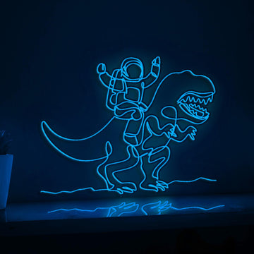 Cosmonaut Riding T-Rex Prehistoric Fantasy EL Wire Art for Kids Bedrooms & Dino Enthusiasts