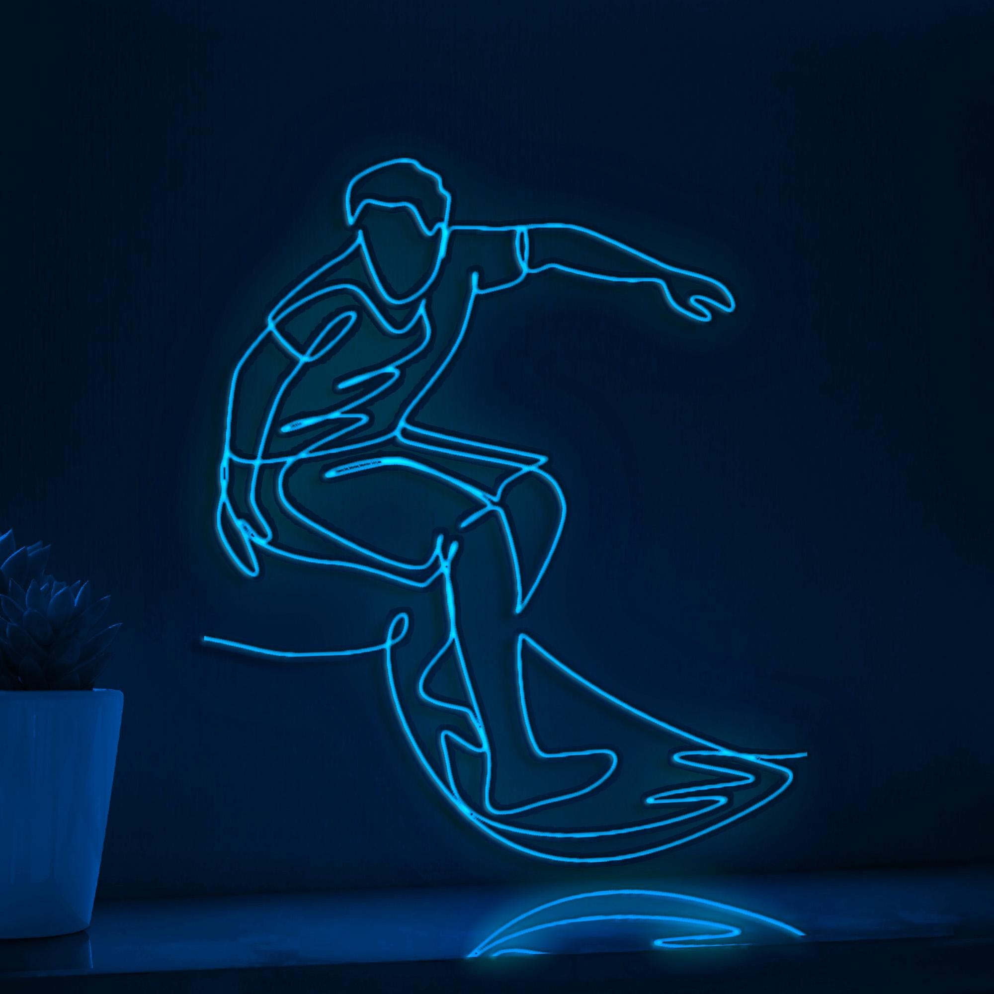 Professional Surfer Riding Waves Extreme Sports EL Wire Art for Surf Studios & Ocean Enthusiast Decor