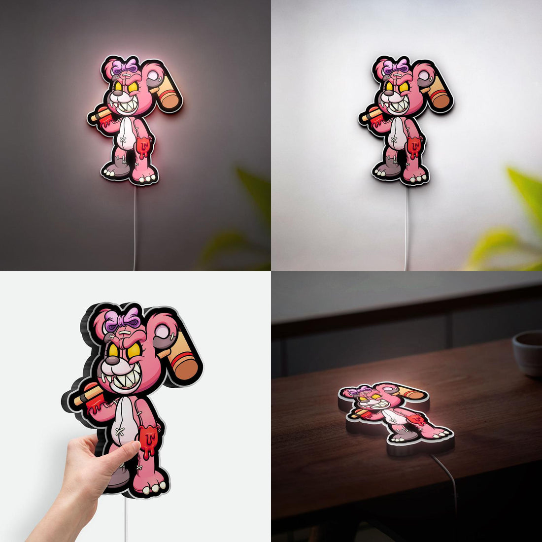 Quirky Teddy Bear 3D LED Lamp, Evil Pink Teddy Bear Holding Big Mallet, Creative Wall Decor, Party Themes Decor, Personalized Gift for Him