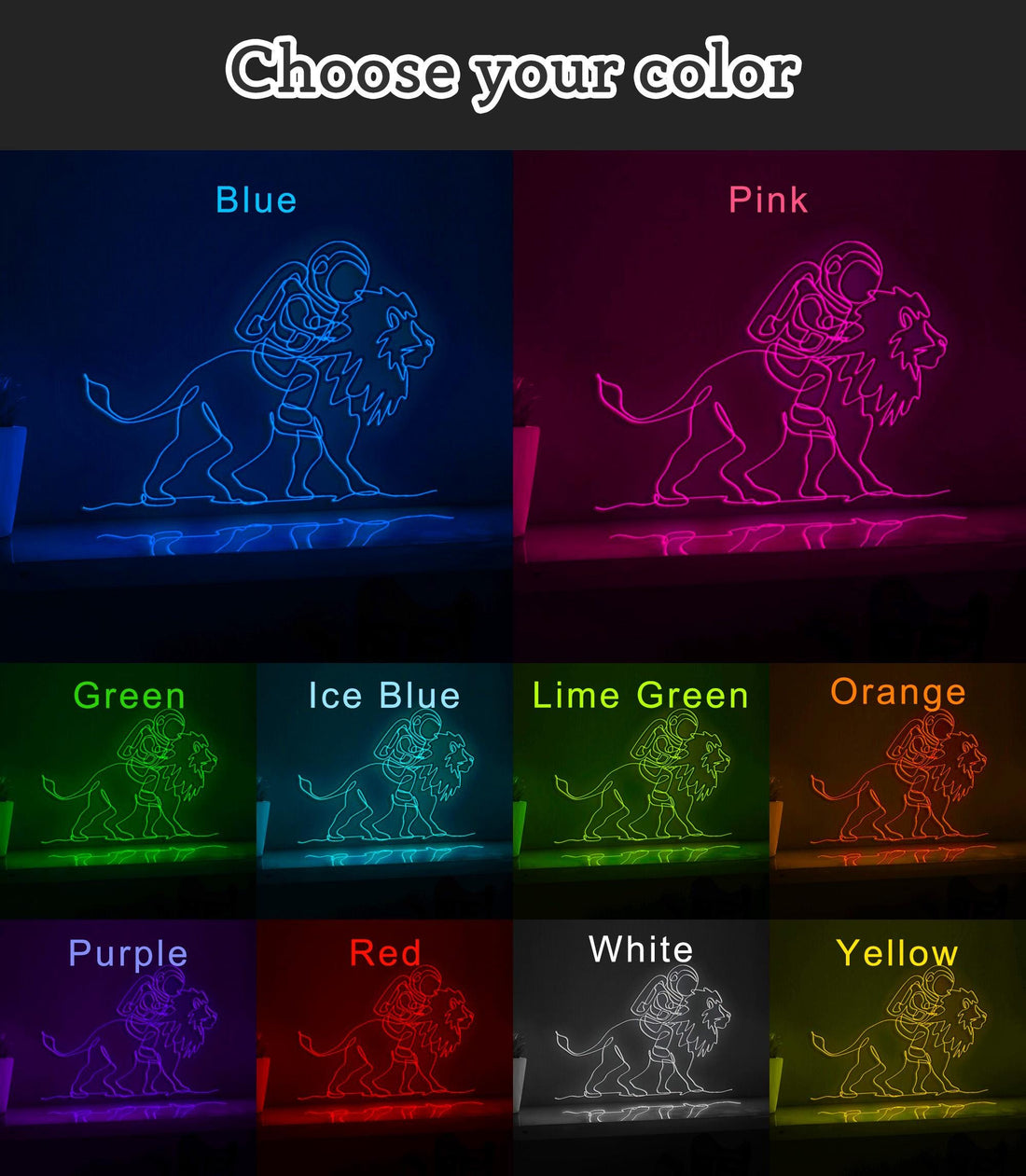 Cosmonaut Riding Lion Majestic Fantasy EL Wire Art for Adventure Rooms & Wildlife Lovers