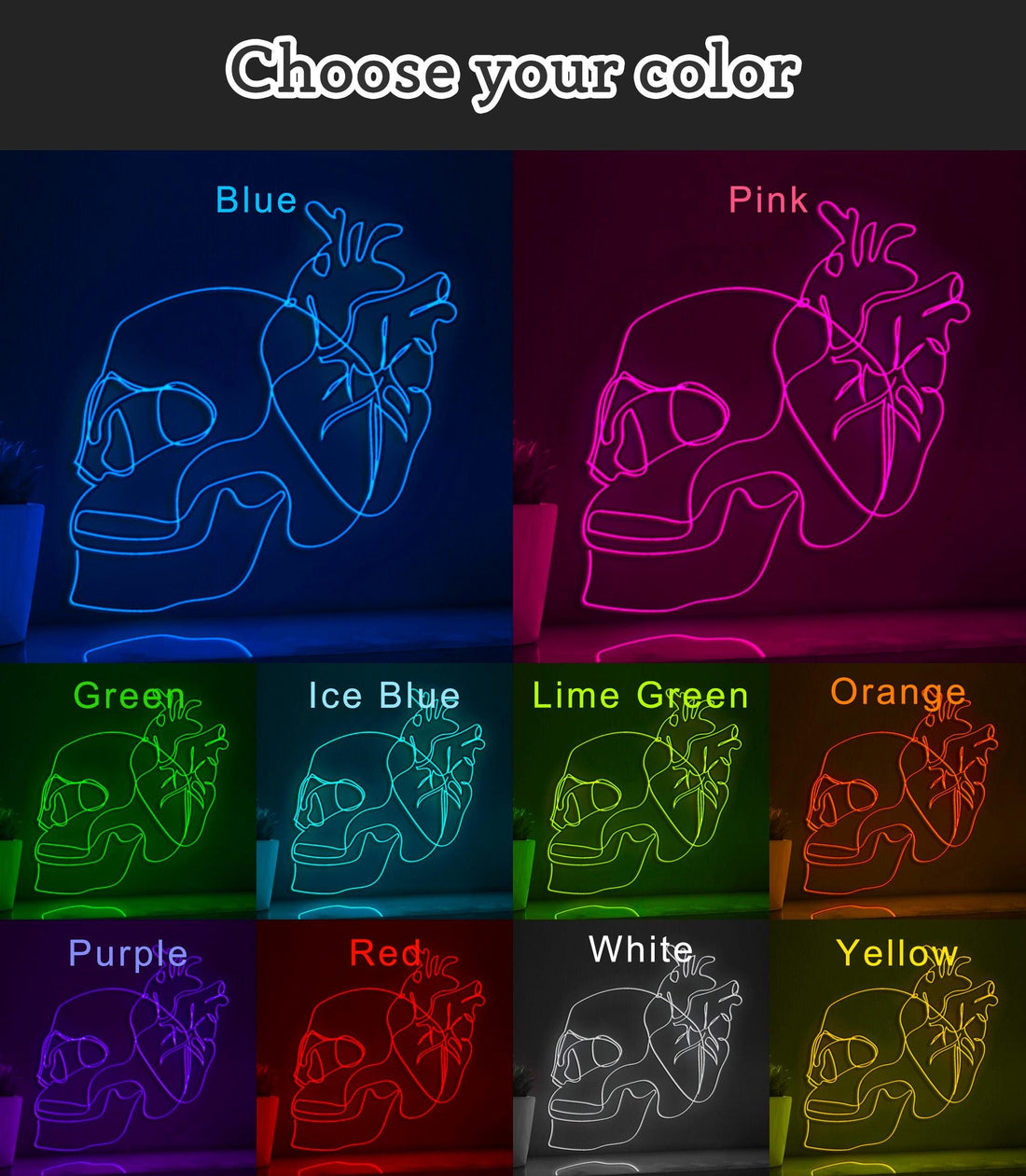 Human Skull Heart Gothic EL Wire Neon Sign for Home Decor Wall Art