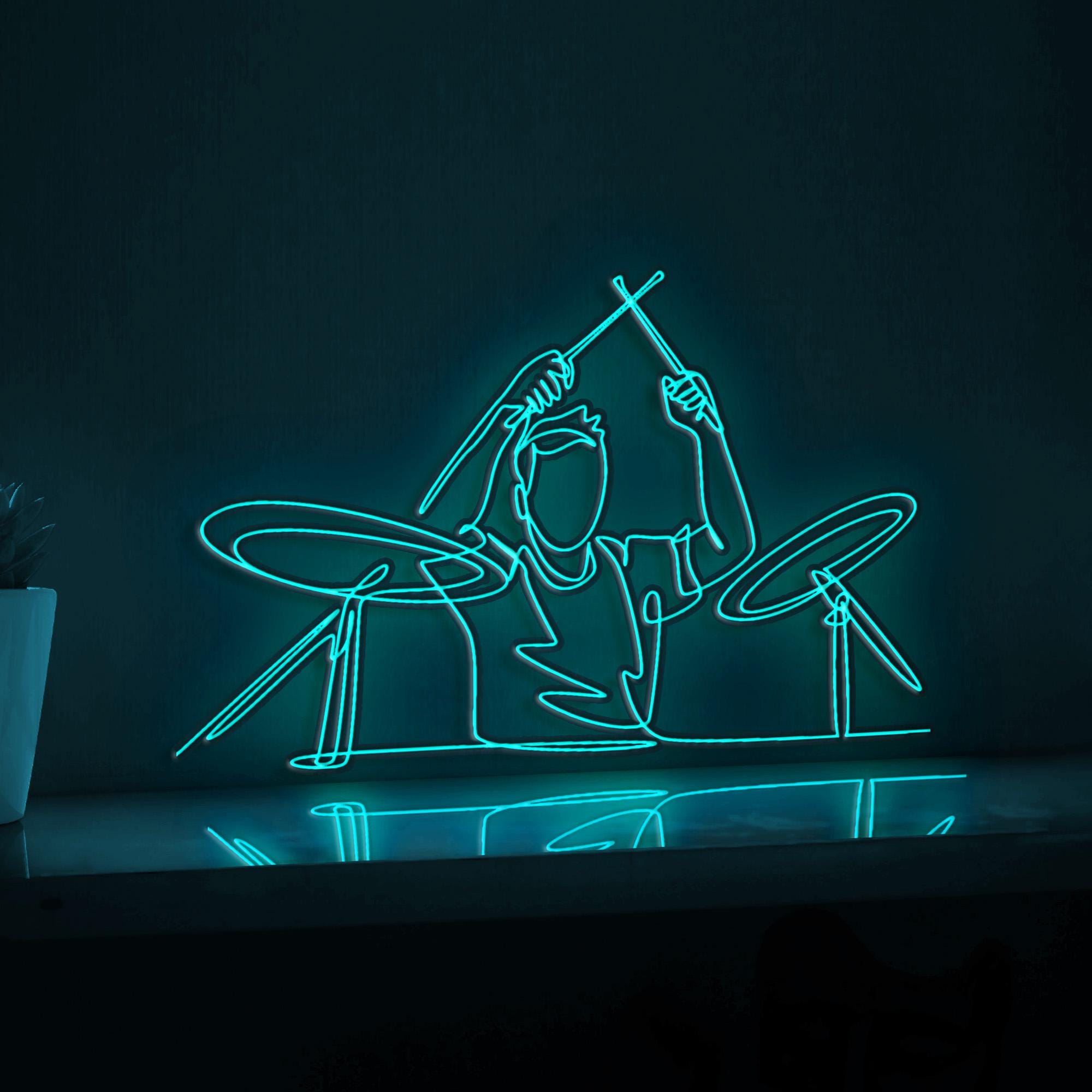 Young Happy Male Drummer Musical EL Wire Art for Concert Venues & Music Enthusiast Rooms