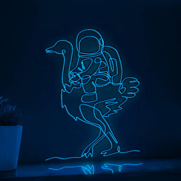 Cosmonaut Riding Ostrich Whimsical EL Wire Art for Playrooms & Animal-Adventure Themes