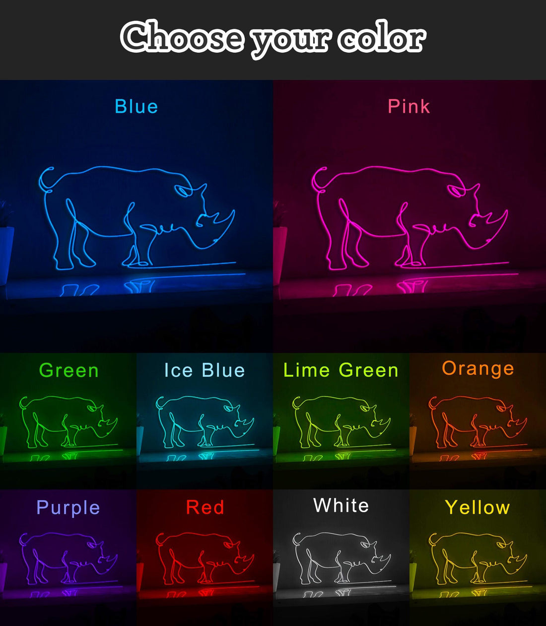 Rhinoceros Animal Artistic EL Wire Wall Art for Safari-Themed Rooms & Wildlife Lovers