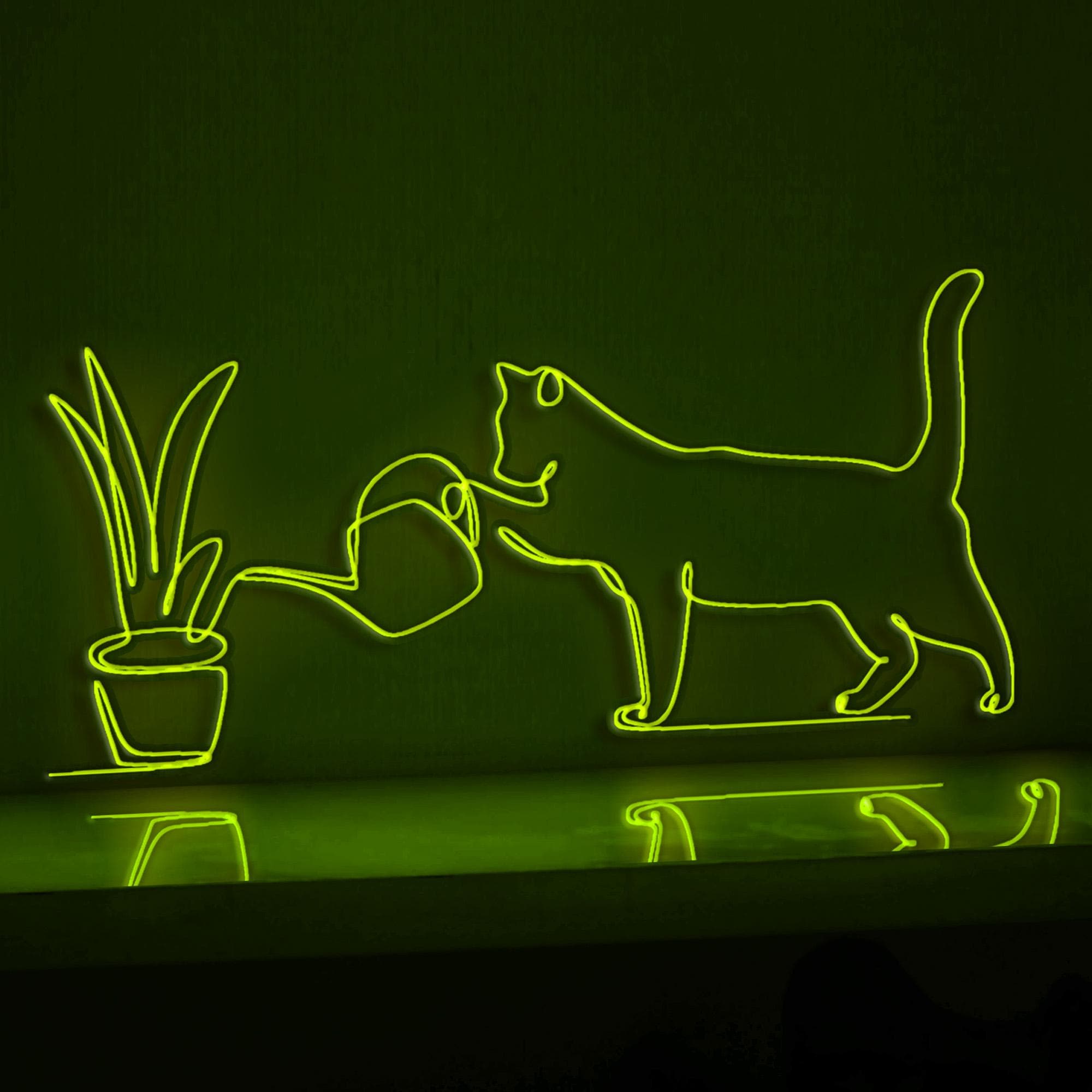 Cat Watering Plants Whimsical EL Wire Animal Wall Art for Plant Lovers & Pet-Themed Homes