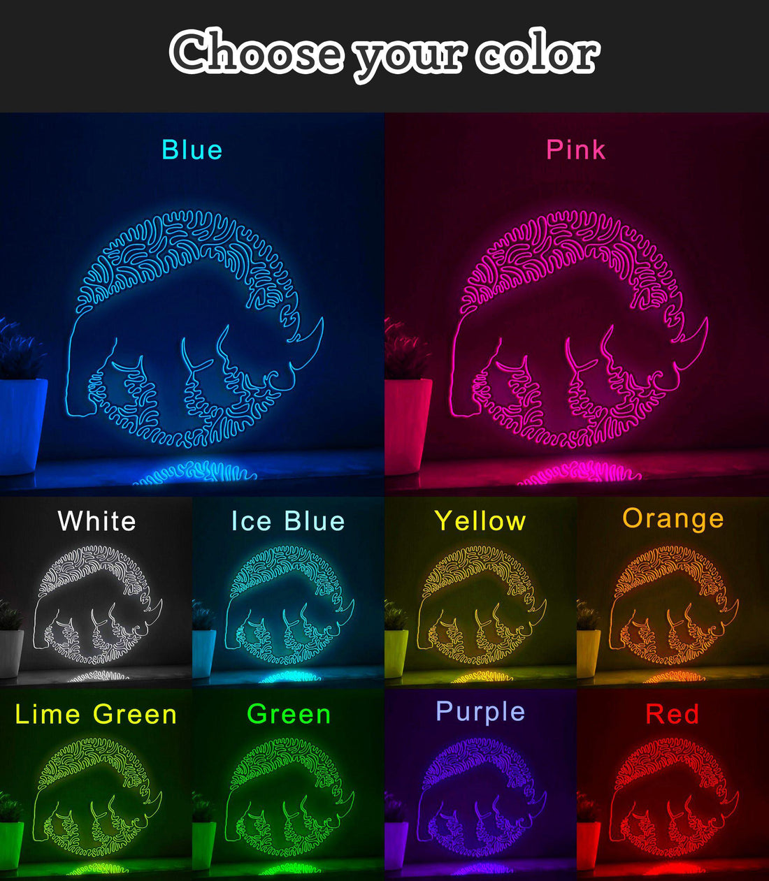 Rhino One Line EL Wire Neon Sign - Animal Themed Wildlife Wall Art - myneonup