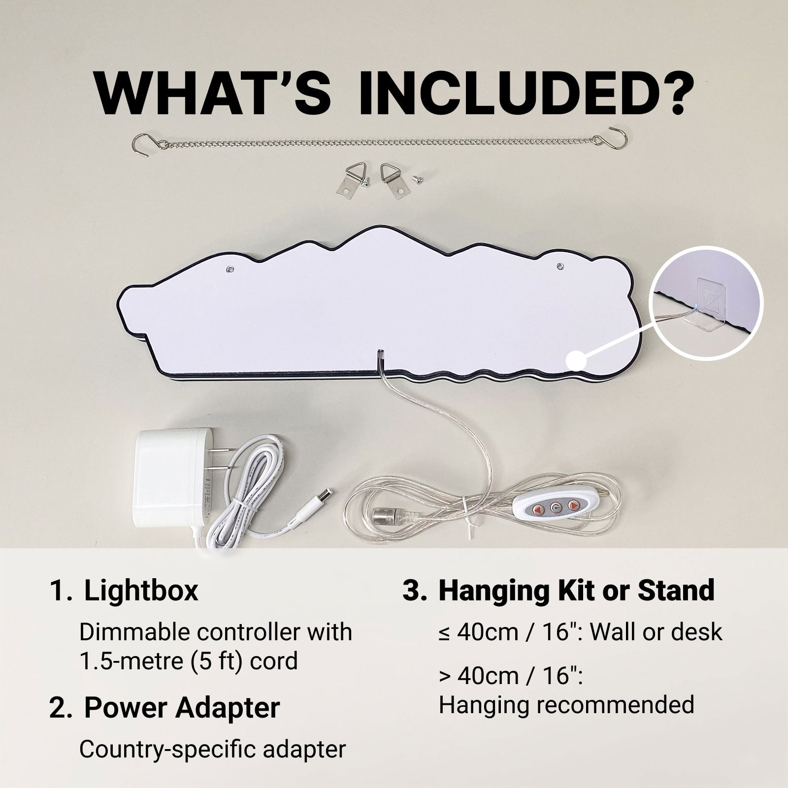 LED lightbox package with dimmer cable, power adapter, hanging kit, and desk stand
