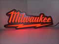 Illuminated front view standing of Milwaukee Play Button Illuminated Sign in 50cm, perfect for garage and man cave decor