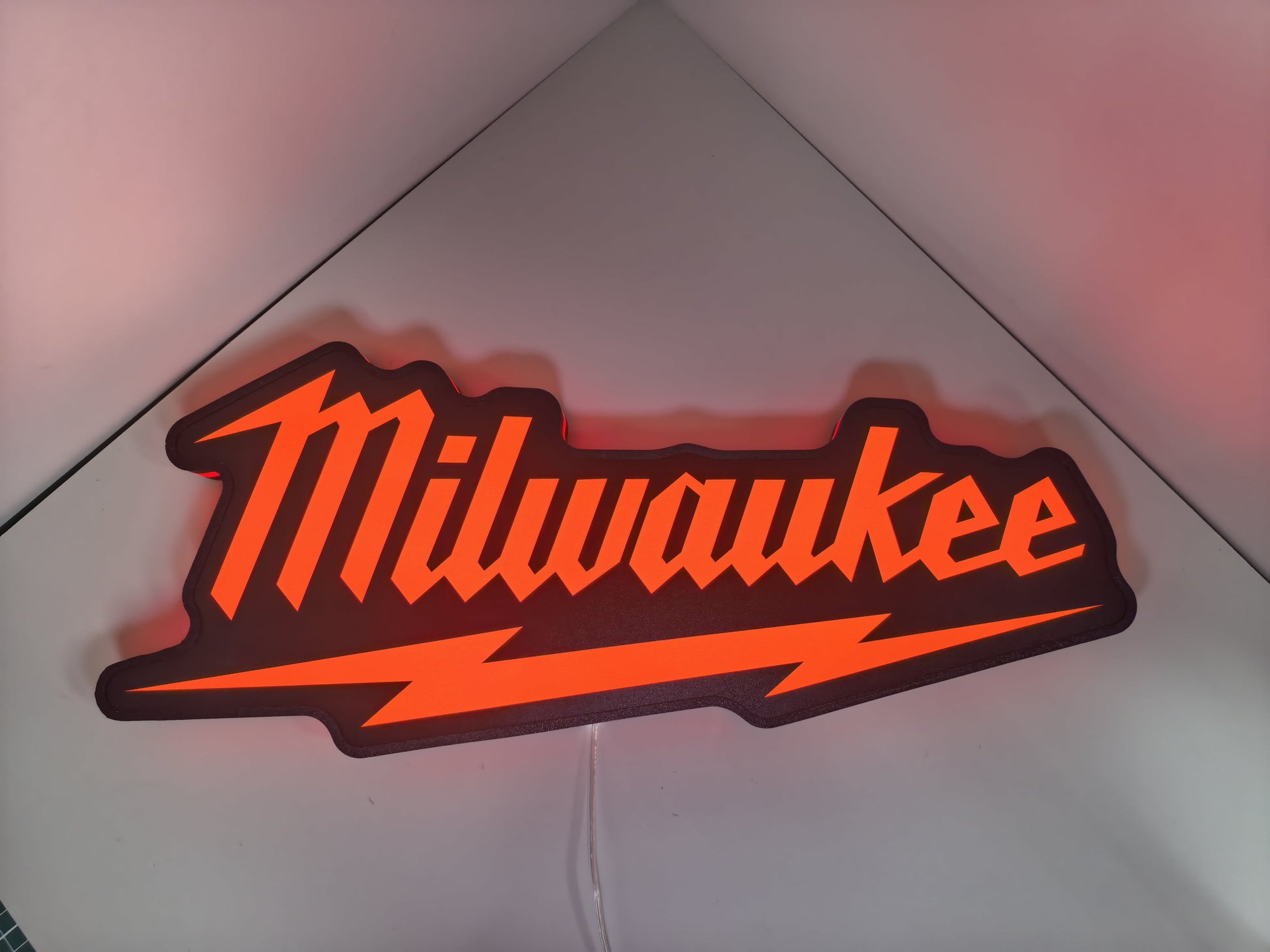 50cm Milwaukee Play Button LED Sign - Illuminated flat lay front view, perfect for garage and man cave decor