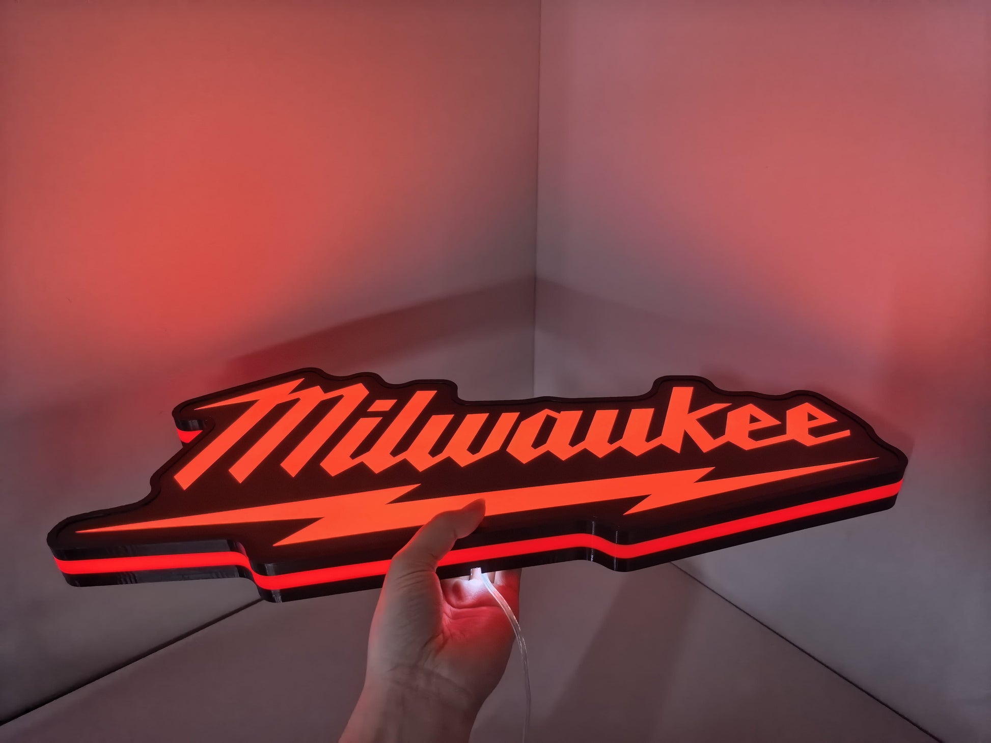  50cm Milwaukee Play Button 3D Printed Sign - Illuminated handheld size reference, perfect for garage and man cave decor