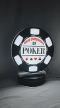 Product video showcase of World Championship Poker 3D LED Sign, demonstrating unlit and illuminated lighting effects with a 360-degree rotating view, unique wall art for desk and room decor.