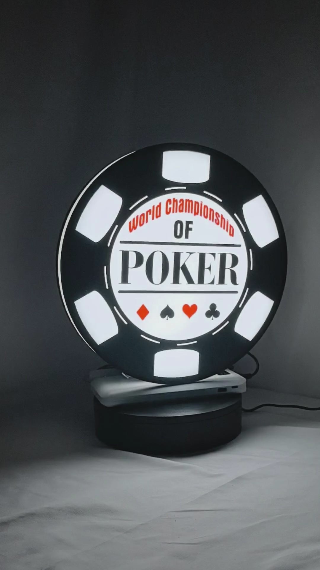 Product video showcase of World Championship Poker 3D LED Sign, demonstrating unlit and illuminated lighting effects with a 360-degree rotating view, unique wall art for desk and room decor.