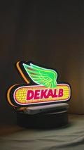 Product video showcase of Dekalb 3D LED Sign, demonstrating unlit and illuminated lighting effects with a 360-degree rotating view, unique wall art for desk and room decor.
