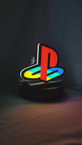 Product video showcase of Playstation 3D LED Sign, demonstrating unlit and illuminated lighting effects with a 360-degree rotating view, unique wall art for desk and room decor.