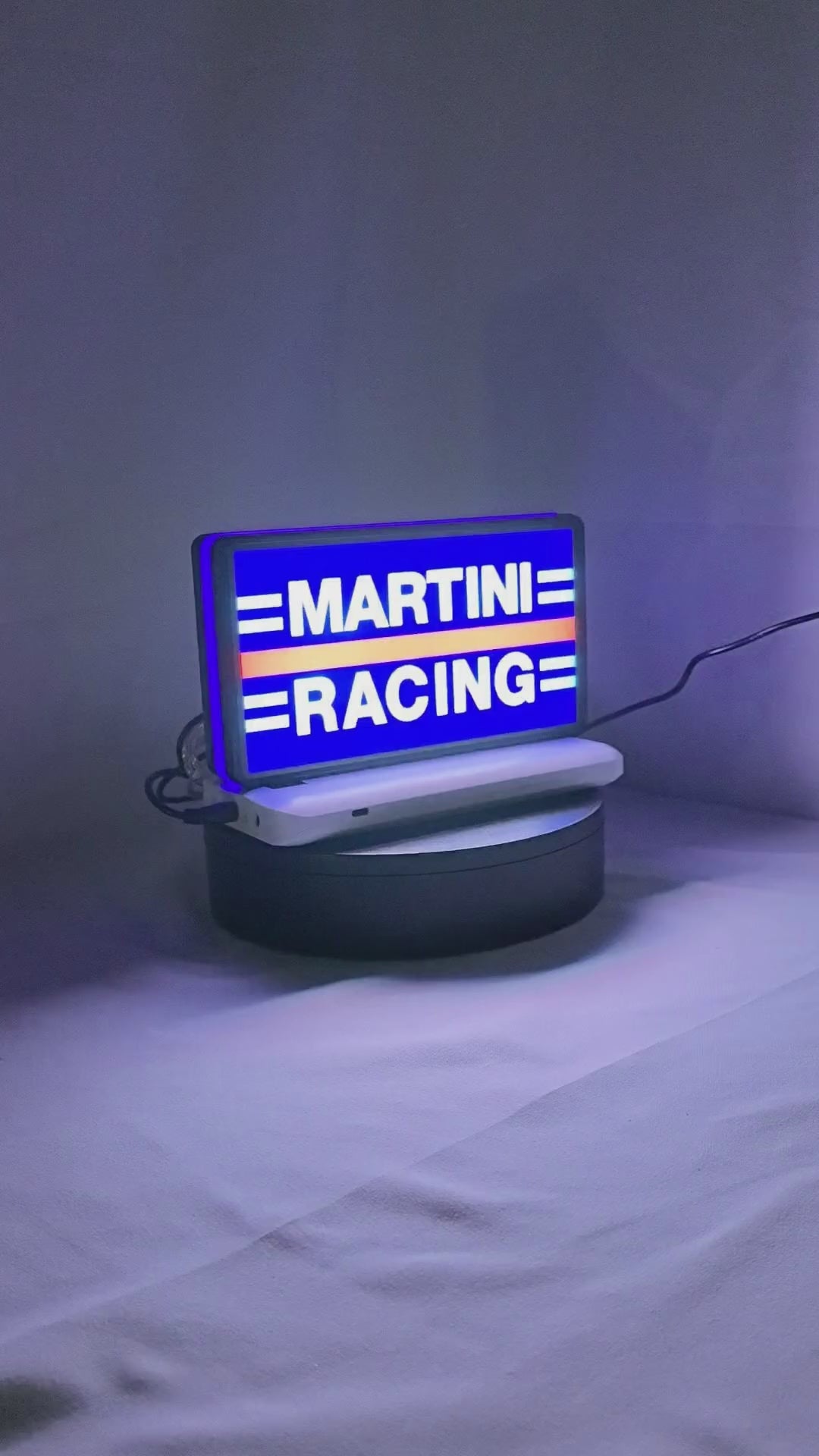 Product video showcase of Martini Racing 3D LED Sign, demonstrating unlit and illuminated lighting effects with a 360-degree rotating view, perfect for garage and man cave decor.
