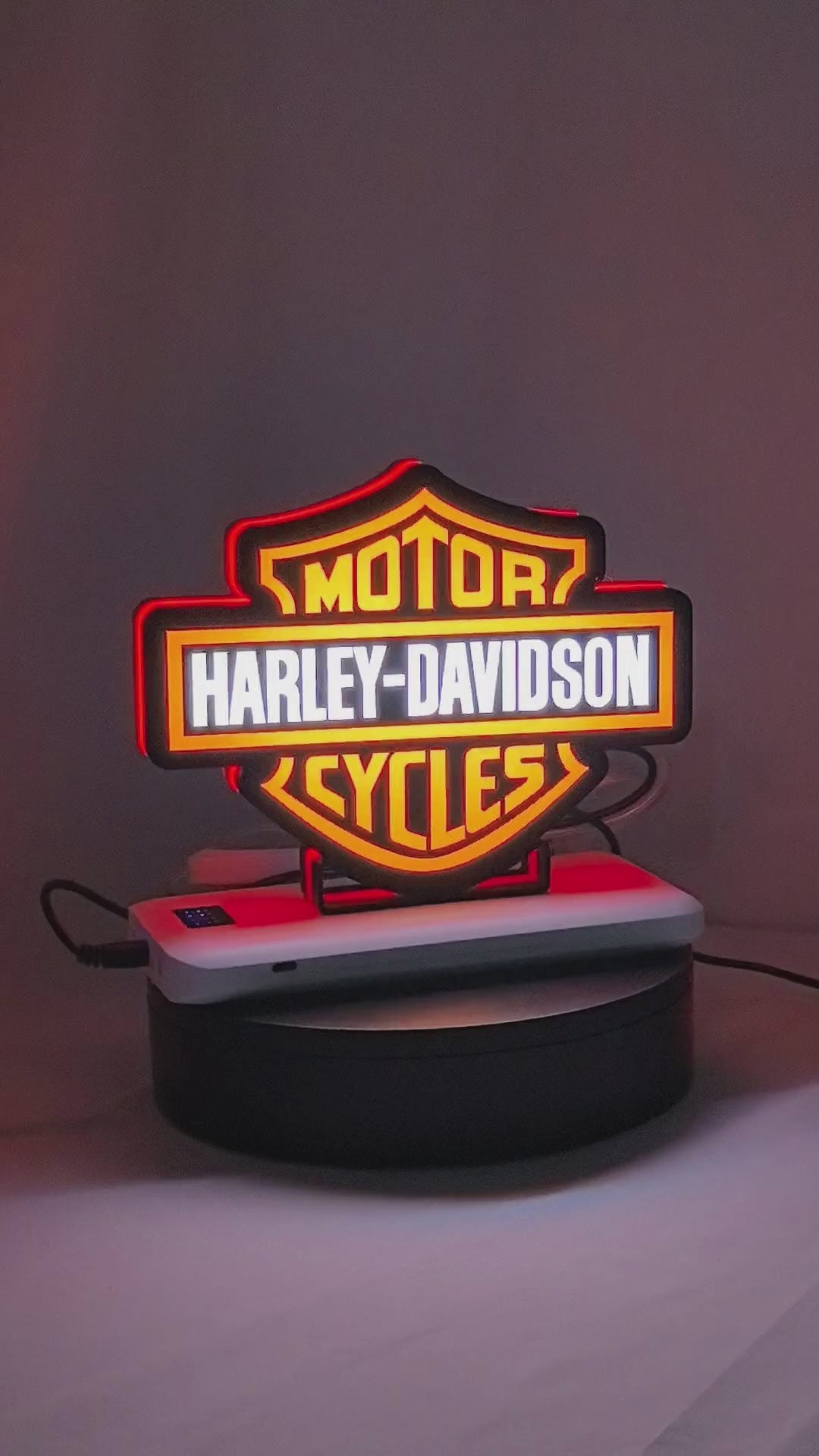 Product video showcase of Harley Davidson 3D LED Sign, demonstrating unlit and illuminated lighting effects with a 360-degree rotating view, unique wall art for desk and room decor.