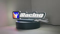 Product video showcase of Iracing 3D LED Sign, demonstrating unlit and illuminated lighting effects with a 360-degree rotating view, perfect for garage and man cave decor.
