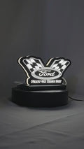 Product video showcase of Ford Racing 3D LED Sign, demonstrating unlit and illuminated lighting effects with a 360-degree rotating view, perfect for garage and man cave decor.